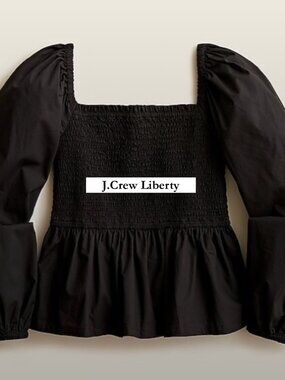 J.Crew Smocked Black Top Small Puff Sleeve Peplum Blouse